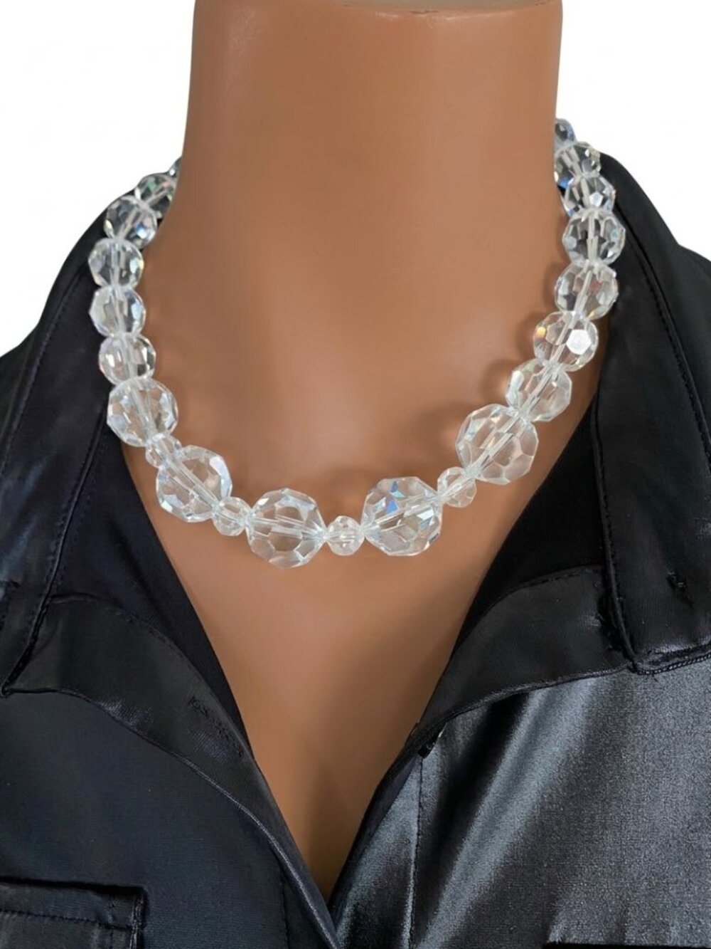 Vintage German Heavy Faceted Clear Glass Statement Choker Necklace 17.5" METALL
